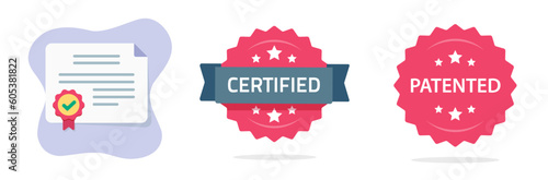 Certify quality icon vector logo, patented seal rubber stamp, certificate diploma paper document flat sticker label, license or licence warranty star reward, accredited legal ribbon emblem design