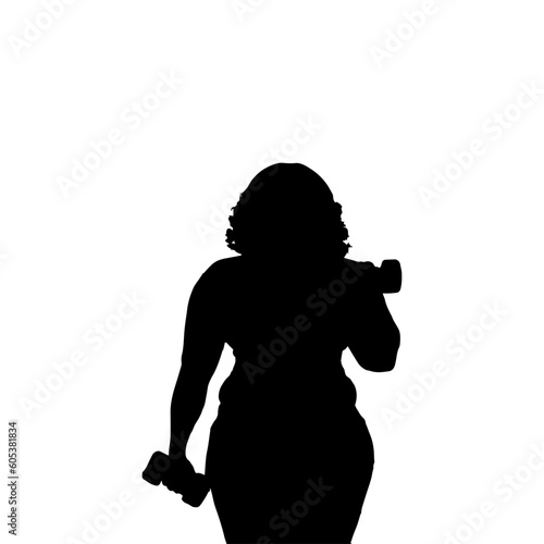 Vector illustration. Silhouette of a fat girl with dumbbells in her hands. Slimming. Healthy lifestyle.