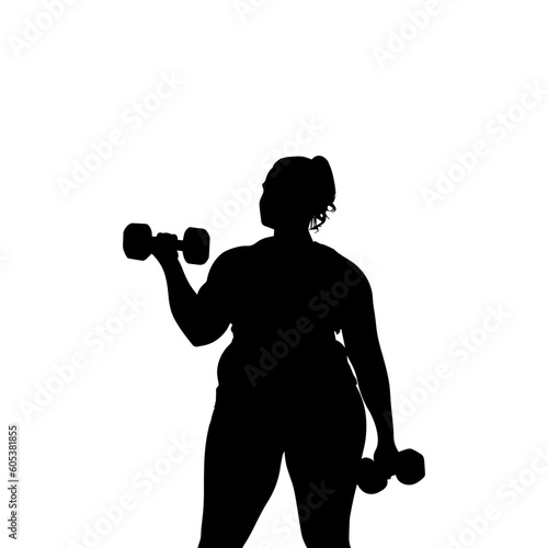 Vector illustration. Silhouette of a fat girl with dumbbells in her hands. Slimming. Healthy lifestyle.