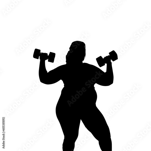 Vector illustration. Silhouette of a fat girl with dumbbells in her hands. Slimming. Healthy lifestyle.