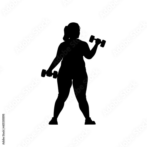 Vector illustration. Silhouette of a fat girl with dumbbells in her hands. Slimming. Healthy lifestyle.