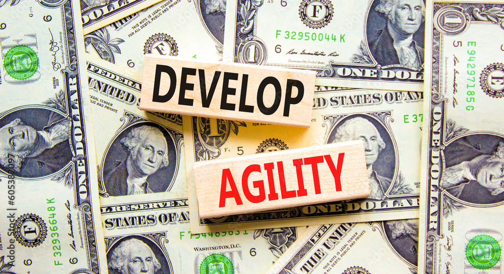 Develop agility symbol. Concept words Develop agility on wooden blocks on a beautiful background from dollar bills. Dollar bills. Business, support and develop agility concept. Copy space.