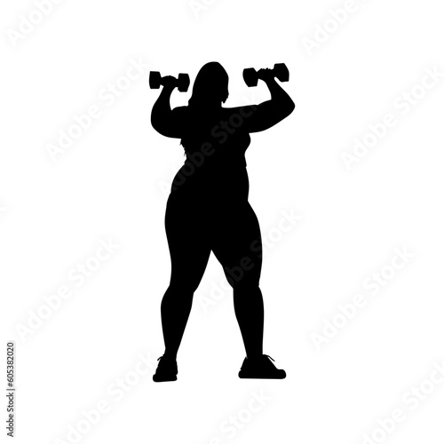 Vector illustration. Silhouette of a fat girl with dumbbells in her hands. Slimming. Healthy lifestyle.