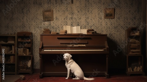 Experience an unexpected duet as a dog sits ready in front of a piano in a recording room. Generated by AI. photo