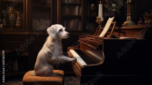 A dog sits before a piano in a recording room, hinting at a symphony of barks and chords. Courtesy of AI. photo