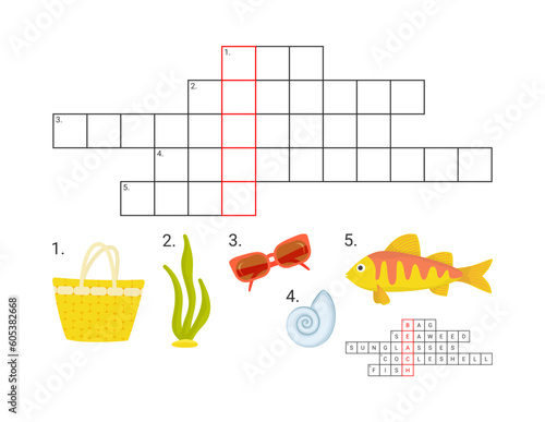 Vector illustration. Educational game for kids. Crossword puzzle. Summer, beach.