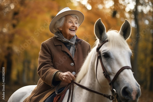 Senior woman happily riding a horse.. Composite with different elements made with generative AI