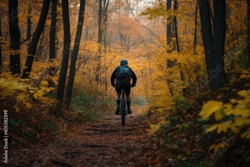 Ein Mann f  hrt durch den Herbstwald Fahrrad  Generative AI