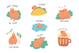 Hand drawn stickers with capybaras. Cute animals cartoon vector illustration isolated on white background.