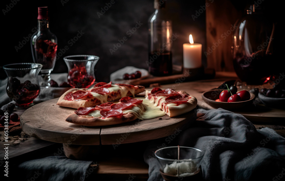 Pepperoni pizza on a wooden surface created with Generative AI technology