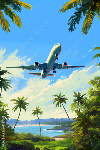 Illustration of an airplane flying to the island of Hawaii, USA