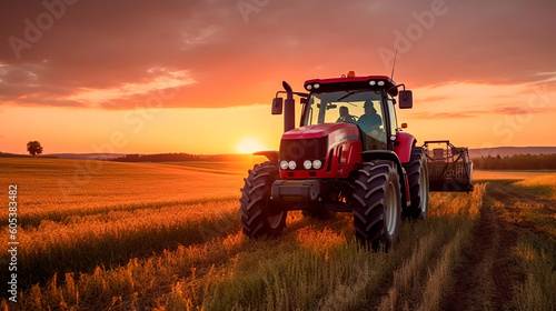 Tractor in the field under sunset light  tillage in spring  preparation for sowing. Generative AI