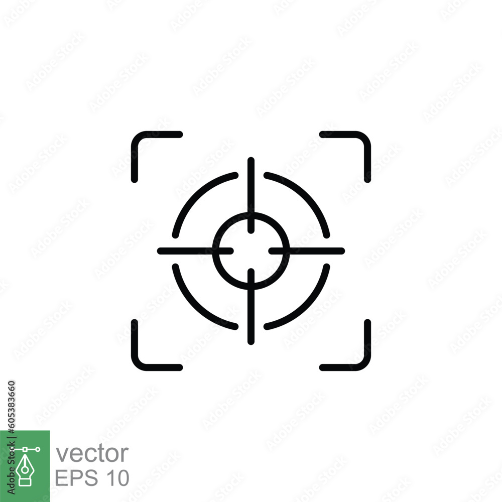Camera focus frame line icon. Simple outline style. Cross, digital lens, photo, center, goal, target concept symbol design. Vector illustration isolated on white background. EPS 10. Camera focus frame line icon. Simple outline style. Cross, digital lens, photo, center, goal, target concept symbol design. Vector illustration isolated on white background. EPS 10.