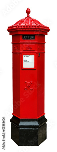 Iconic Victorian Penfold Pillar Box, designed in 1866. A traditional red post box with the top decorated by acanthus leaves, bud and decorative balls. Isolated on white background. photo