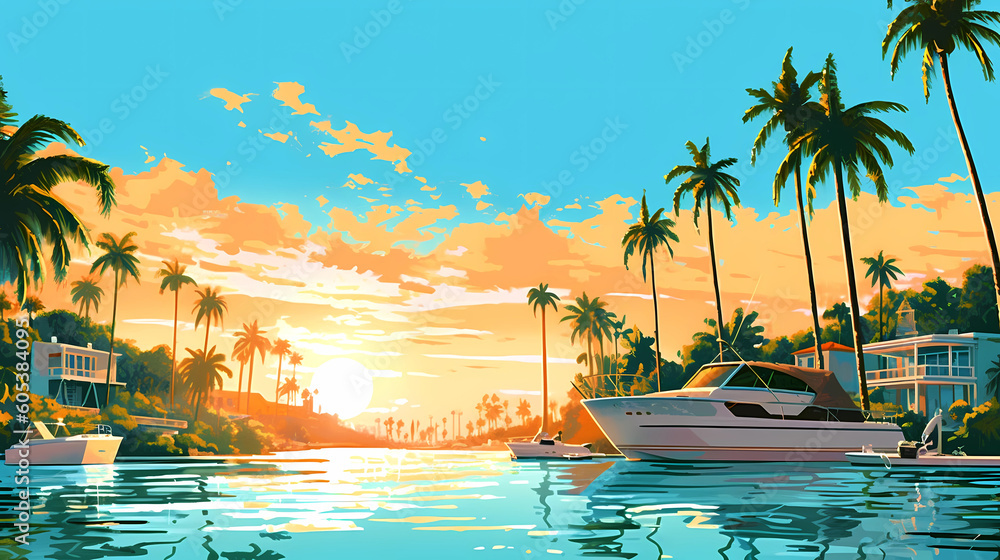 Obraz premium Illustration of a sunny day in an American resort town