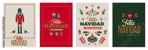 4 spanish greeting cards, Wish cards for christmas. Bundle icons illustrations Xmas, stars, hot chocolate, trees in a vector style.