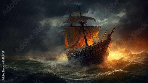 Old sail ship braving the waves of a wild stormy sea, Generative AI