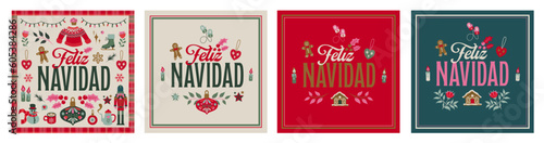 4 spanish greeting cards, Wish cards for christmas. Bundle icons illustrations Xmas, stars, hot chocolate, trees in a vector style.