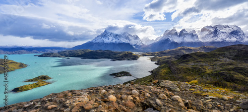 lake Lago del Pehoe in the Torres del Paine national park, Patagonia, Chile