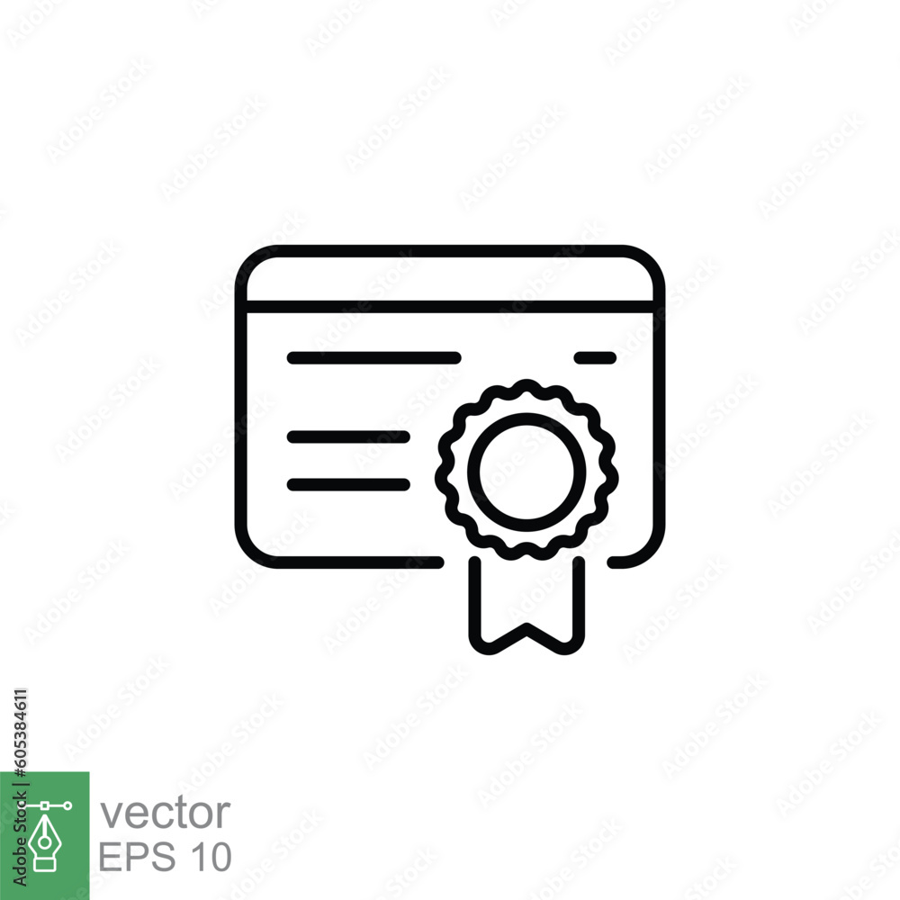 Online, digital certificate icon. Simple outline style. License, grad, academic, stamp, ribbon, education concept. Thin line symbol. Vector illustration isolated on white background. EPS 10. Online, digital certificate icon. Simple outline style. License, grad, academic, stamp, ribbon, education concept. Thin line symbol. Vector illustration isolated on white background. EPS 10.