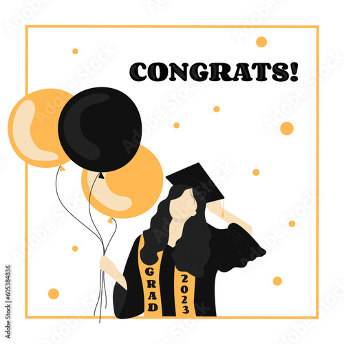 Greeting Card for Girl in Graduation Gown and Cap with Tassel holding Balloons