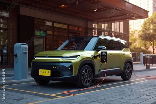 small electric car mini EV style charging at station in the city or countryside