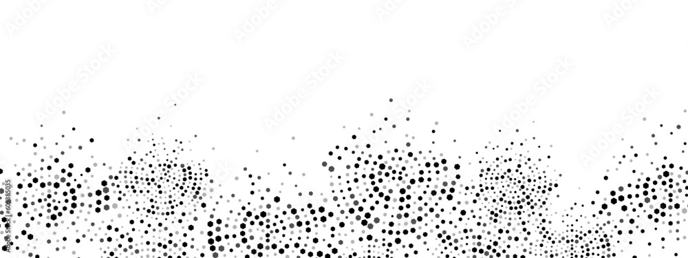 Geometric halftone abstract background frame. Vector texture of chaotic hexagons, particles, fragments. A group of cells, an information grid. Poster for business, technology, medicine, presentations.