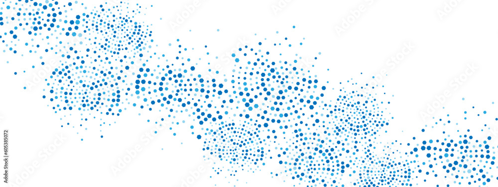 Geometric blue abstract background frame. Vector texture of chaotic hexagons, particles, fragments. A group of cells, an information grid. Poster for business, technology, medicine, presentations.