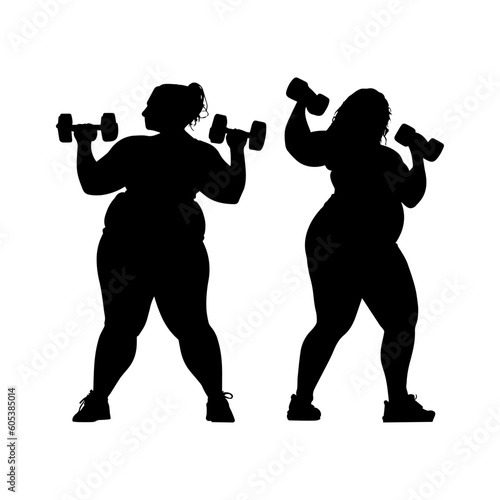 Vector illustration. Silhouette of two female friends with dumbbells in their hands. Slimming. Healthy lifestyle.