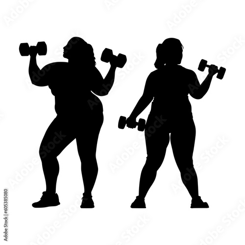 Vector illustration. Silhouette of two female friends with dumbbells in their hands. Slimming. Healthy lifestyle.
