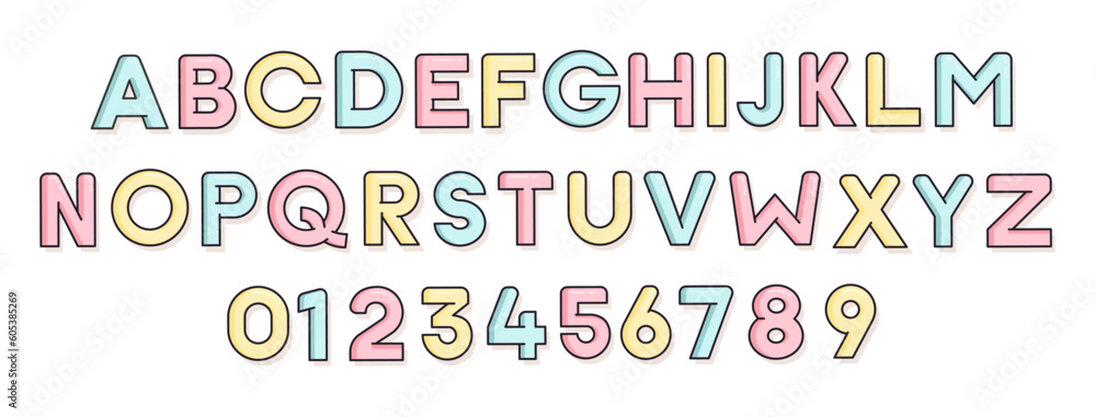 Custom font design. Baby typeface effect style. Filled outline in baby pastel color tones.