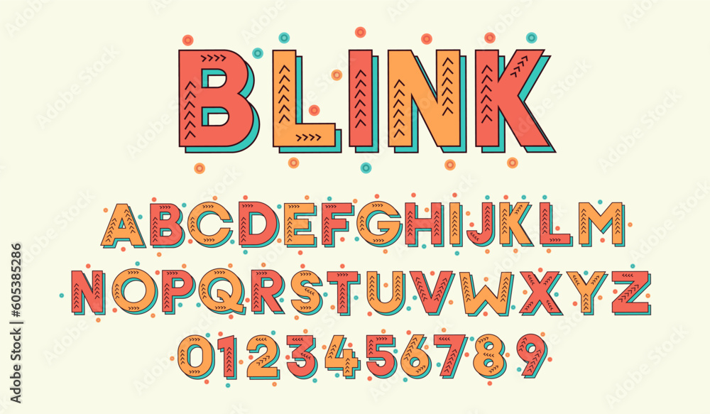 Custom font design. Blink typeface effect style. Filled outline in orange color tones. Artistic graphic elements