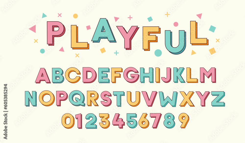 Custom font design. Playful typeface effect style. Colorful filled outline graphic style