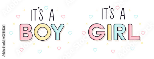 It's a boy and It's a girl newborn baby gender reveal vector graphic elements with text in pink, yellow and blue color tones and cute minimal linear graphic elements in the background