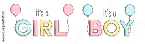 It's a boy and It's a girl newborn baby gender reveal vector graphic elements with text and balloons in pink, yellow and blue color tones