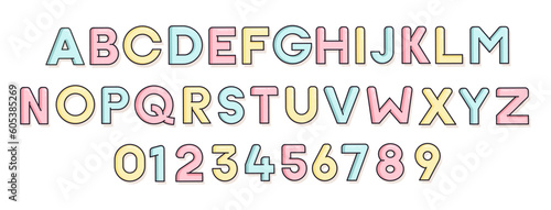 Custom font design. Baby typeface effect style. Filled outline in baby pastel color tones.