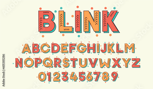 Custom font design. Blink typeface effect style. Filled outline in orange color tones. Artistic graphic elements