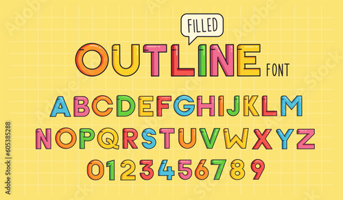 Custom font design. Playful young and cheerful cartoon comic typeface effect style. Colorful filled outline graphic style