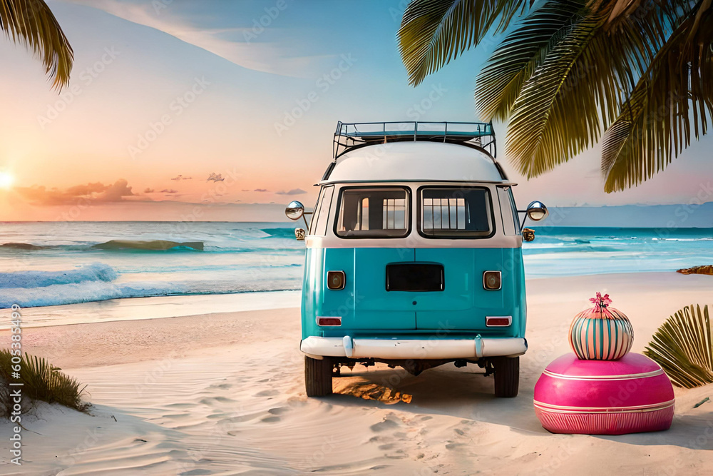 A blue van with a pink floater on the back sits on a beach with palm trees in the background. Generated ai