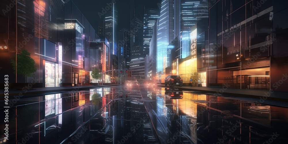 modern buildings in capital city with light reflection from puddles on street. by ai generative