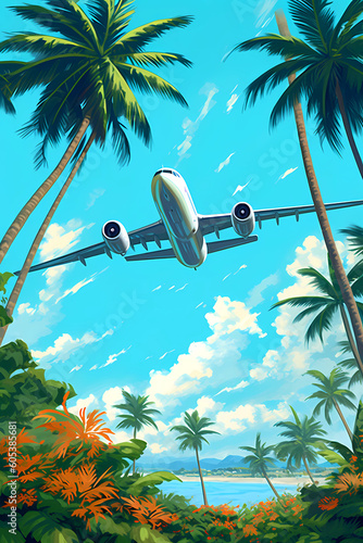 Illustration of an airplane flying to the island of Hawaii, USA photo