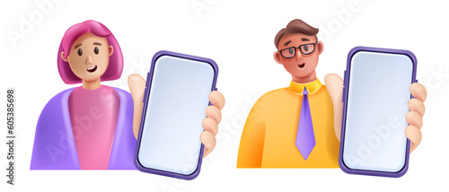 3D man woman hold smartphone set, smiling vector cartoon character with phone, digital SMM manager. Male businessman with cellphone device screen social media concept. Guy girl hold smartphone clipart