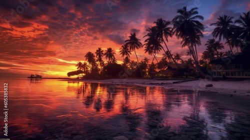 Beautiful colorful sunset on tropical ocean beach with coconut palm trees silhouettes  Generative AI