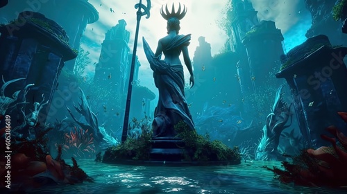 Fotografie, Obraz Illustration of A statue of the Greek goddess with a shield and a trident, stands in an underwater city surrounded by fish and corals