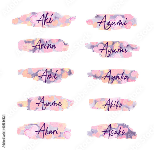 Japanese girl names starting with Letter A, Aki, Azumi, Arina, Ayumi, Ami, Ayaka, Ayame, Akiko, Akari and Asako, stickers, gift labels, png file photo