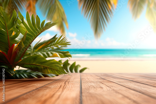 wooden table with tropical leaves and sunny beach background. Generative AI