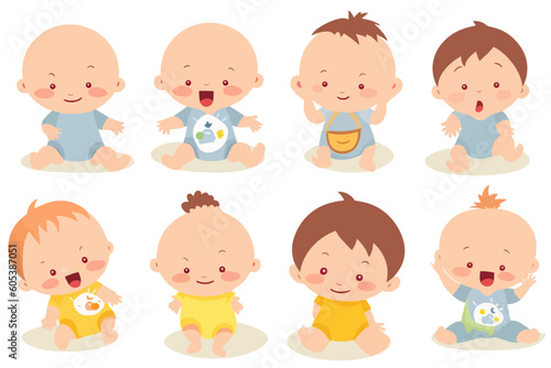 Cute baby toddler clipart in different positions, vector illustration