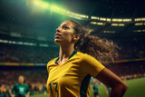 Beautiful female Brazilian soccer player in action on the field of stadium. Ai generated.