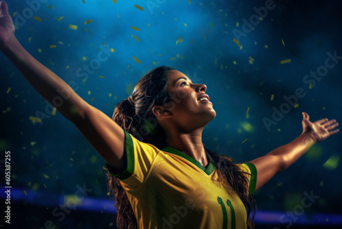 Portrait of a young Brazilian woman celebrating a goal in a stadium. Ai generated.
