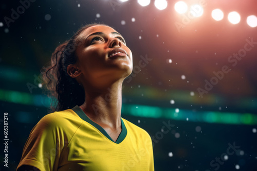 Portrait of a female Brazilian soccer player looking away while standing at the sports stadium. Ai generated.